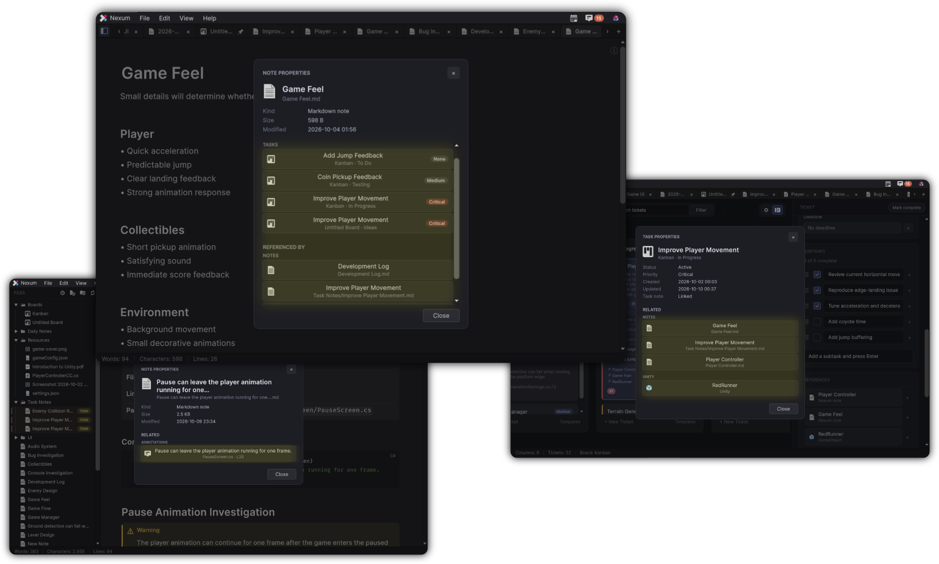 Note and task properties showing linked notes, tickets, and Unity objects