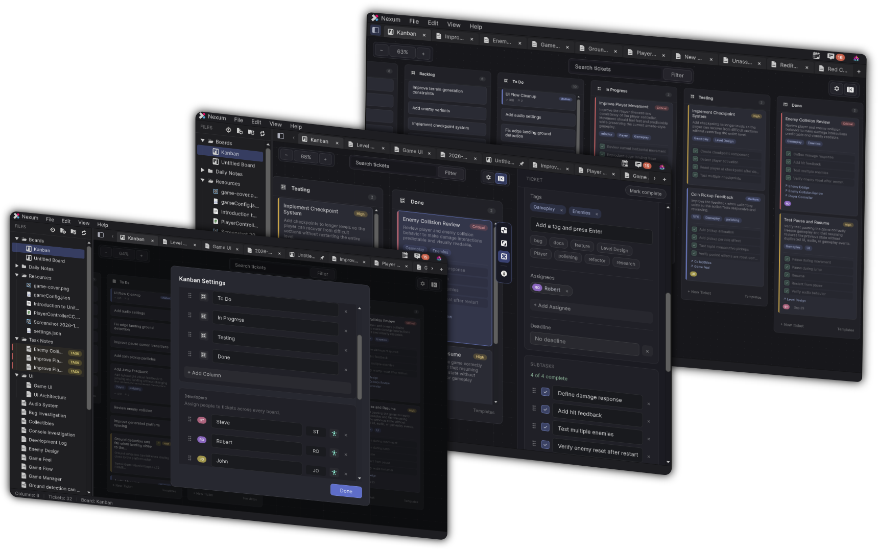 Kanban boards with columns, filters, and ticket details
