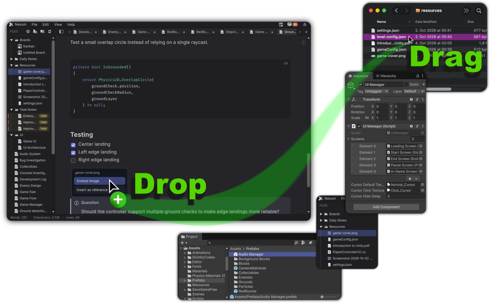 Dragging a file onto a note to embed or reference it
